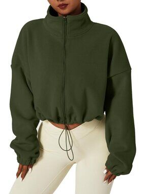 Women's Army Green Full Zip Fleece Jacket Long Sleeve Stand Collar Sherpa Coats